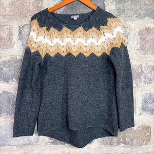 J Jill Women's Gray Wool Blend Fair Isle Chevron Beaded Sweater Size Small